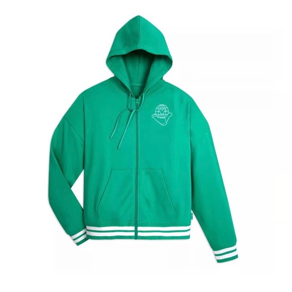 Disneyland Green Disney Zip Up Hoodie Sweater XS Varsity Ribbed Hem Graphic Back - Picture 2 of 11